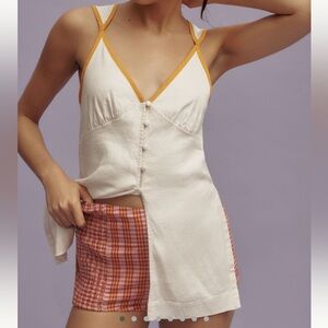 By Anthropologie Linen Cutout Button-Front Tank in Cream/Orange